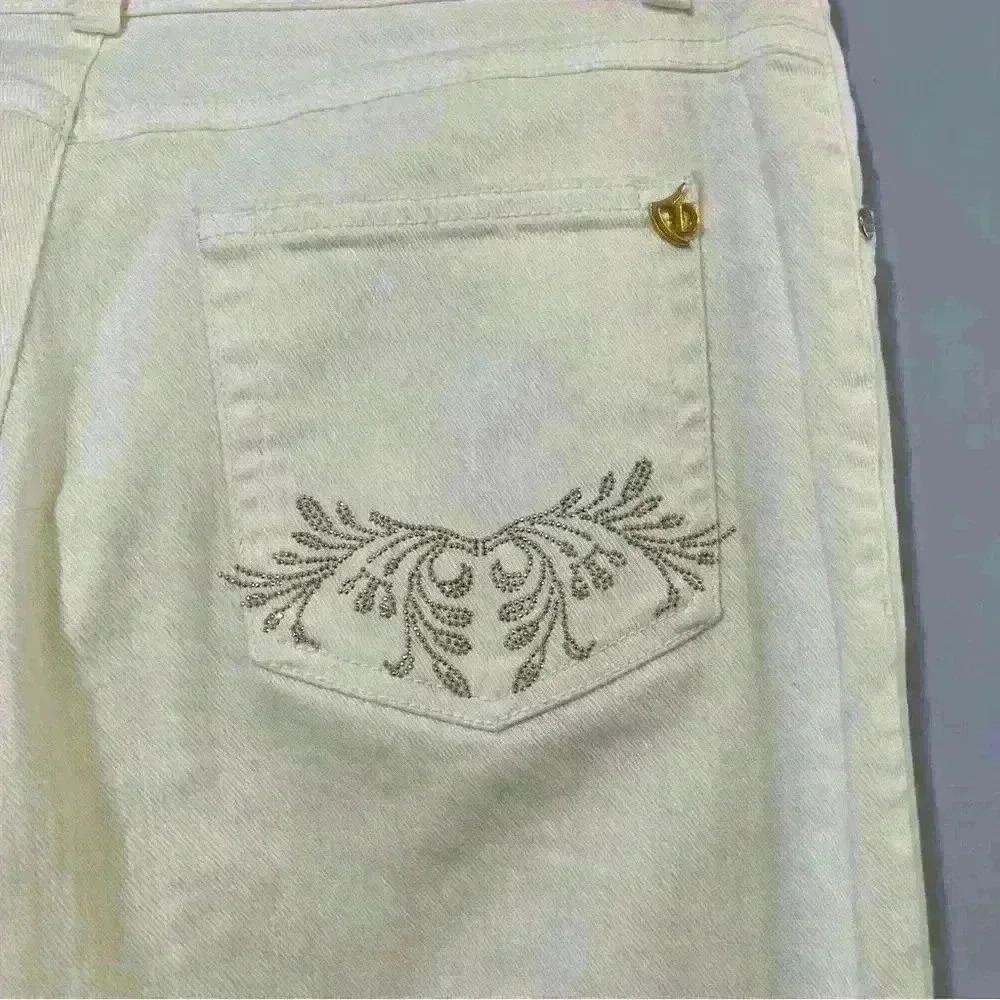 Dismero Vermoda Spa Jeans 30 Italy Ivory Mid Rise Stretch Women's Gold Details - Picture 5 of 16